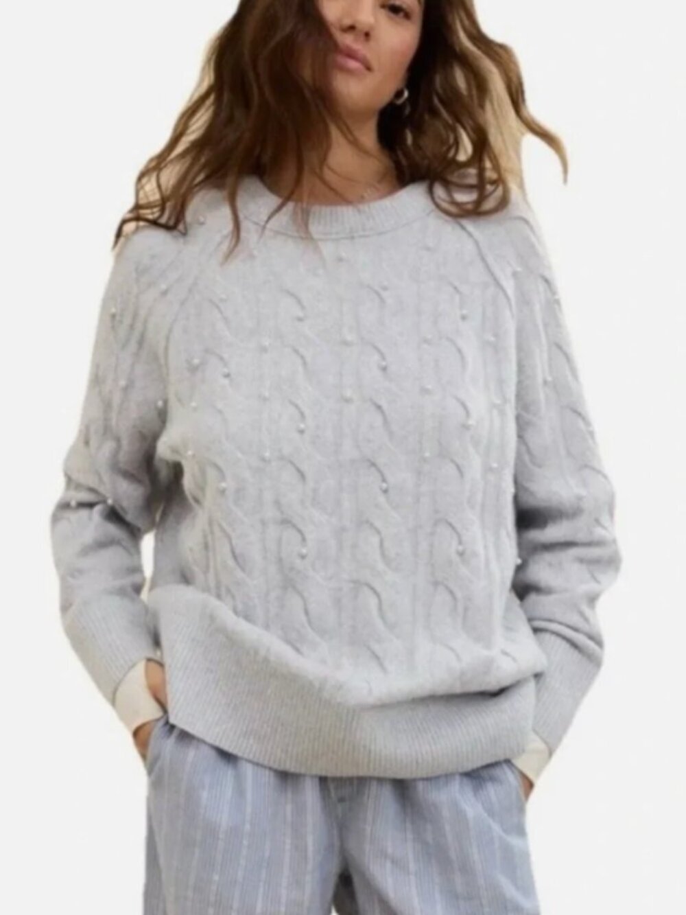 Aerie unREAL Cable Crew Sweater with Pearl Accents
